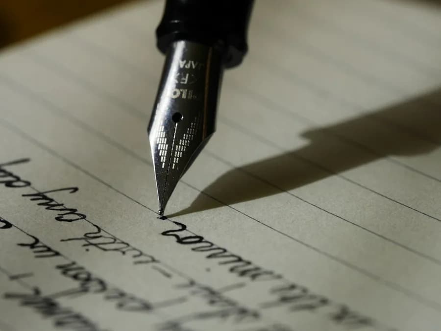 A fountain pen writing on the pages of a notebook